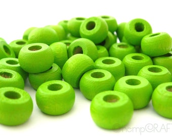 Wood Beads, Lime Green Wood Crow Pony Beads, Hemp Macrame Beads 6x10mm - 50pc