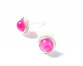 Neon pink studs, agate silver plated post earrings
