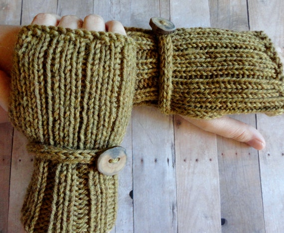 Soft Wool Fingerless Gloves in Olive Green with Handmade Wood