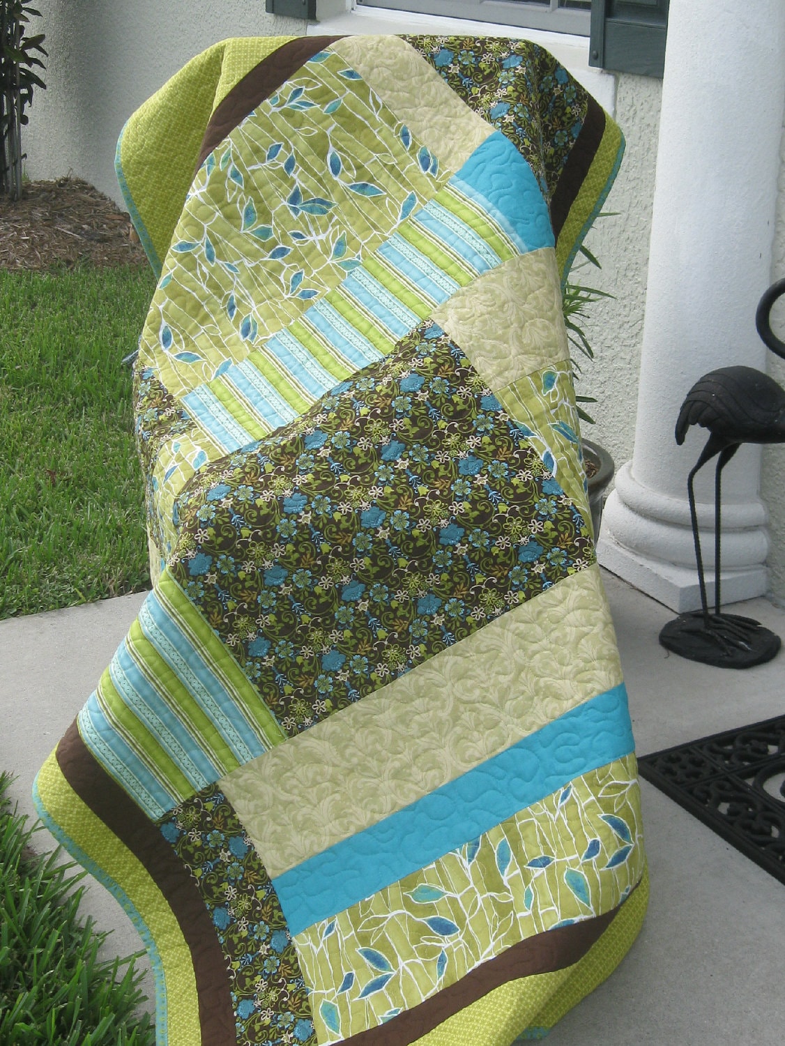 Brown/Aqua/Lime Green Modern/Contemporary Quilt