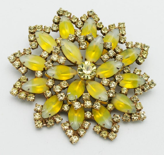 Vintage Brooch Large Yellow and Clear Rhinestones
