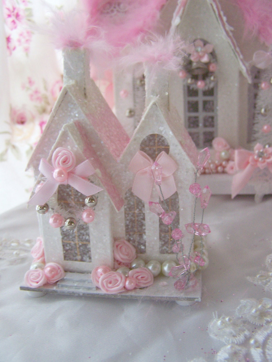 Shabby Chic Pink Christmas Village House Glitter Victorian