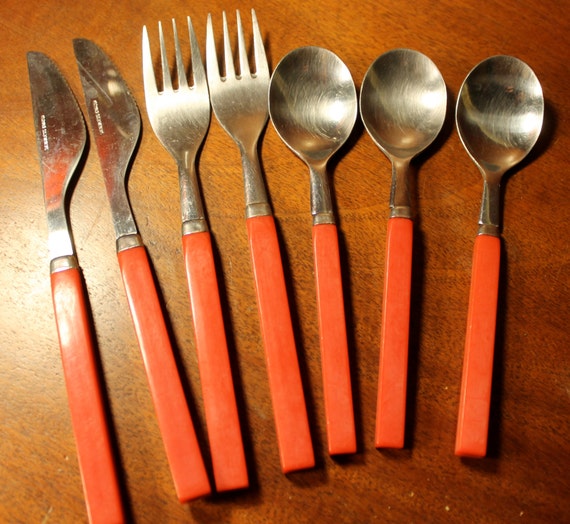 RED handle Pattern Stainless Silverware RED Vintage Flatware