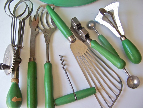 Vintage Kitchen Utensils Green Wood Handles