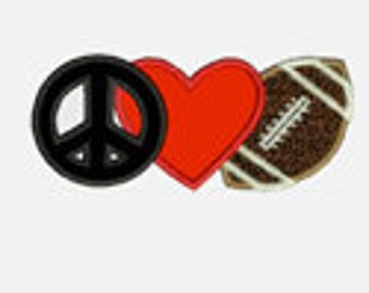 Peace Love Football...Embroidery Applique Design...Three sizes for multiple hoops...Item1393...INSTANT DOWNLOAD