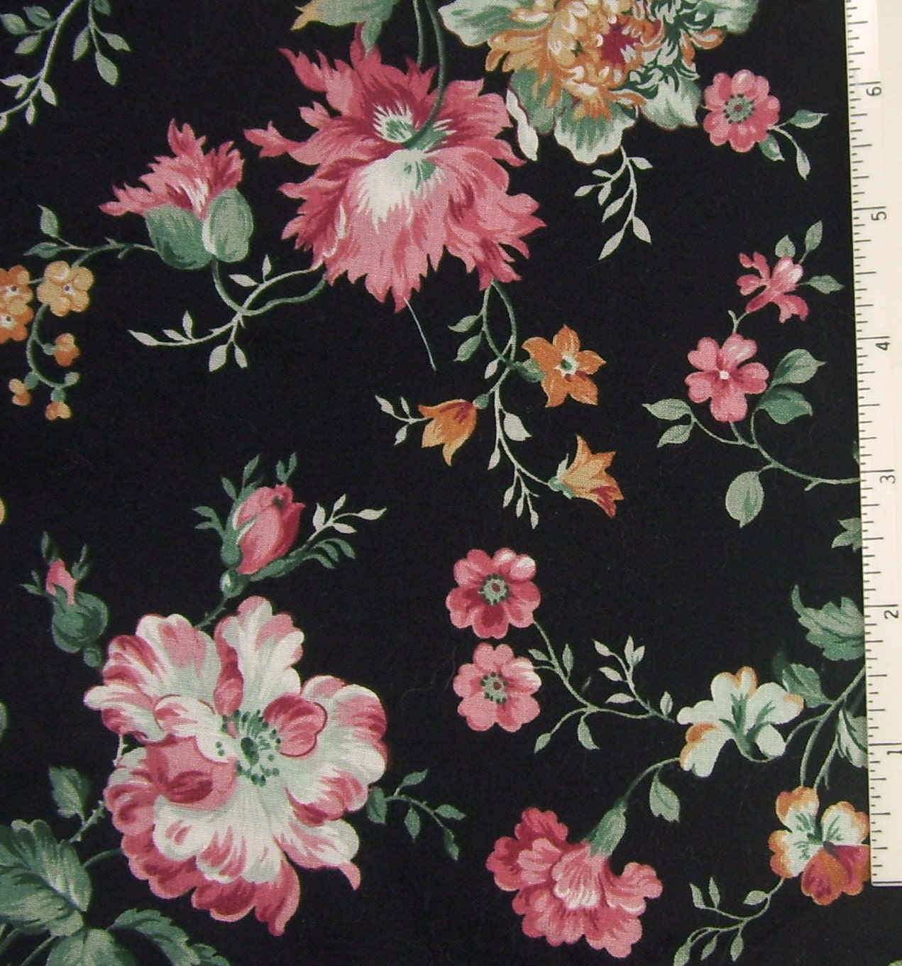 Fabric Cotton Black Pink Rose Floral Print Lightweight