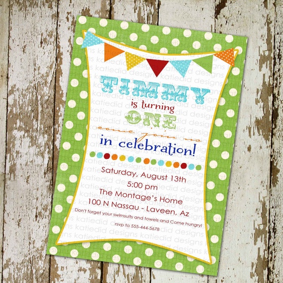 1st birthday party invitations with banner and fun fonts