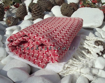 Turkishtowel-High Quality,Hand Woven,Cotton,Bath,Beach,Spa,Yoga,TravelTowel or Sarong-Mathing-Natural White and Red