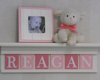 Personalized Baby Girls Nursery Wall Decor Pink Name on White Shelf with Pink and Light Pink Wooden Letters
