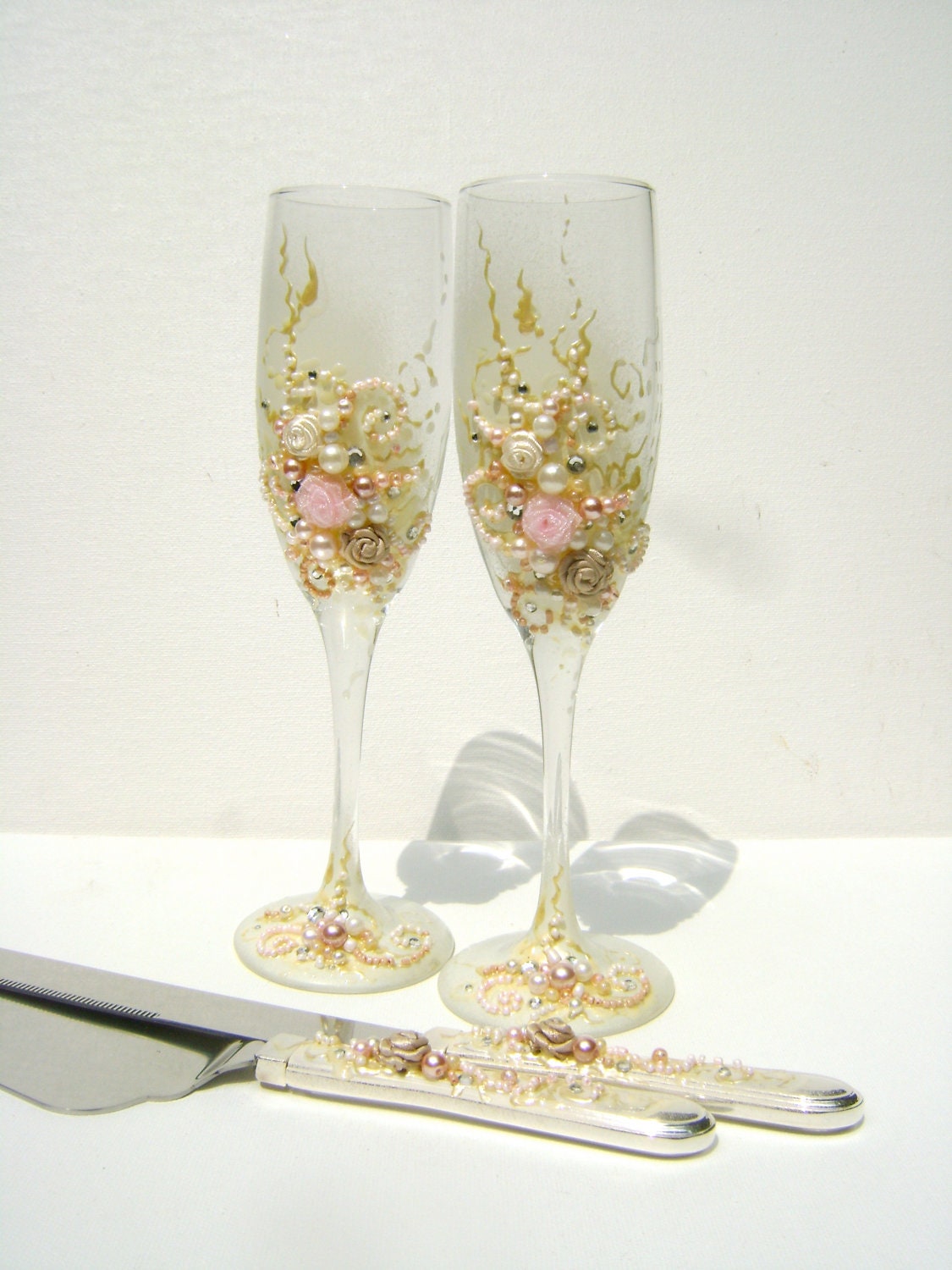 Beautiful wedding champagne glasses in light pink by PureBeautyArt