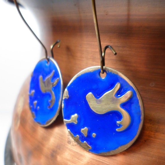 Bird Earrings Embossed Brass With Birds in Cobalt by NedjmaBazaar