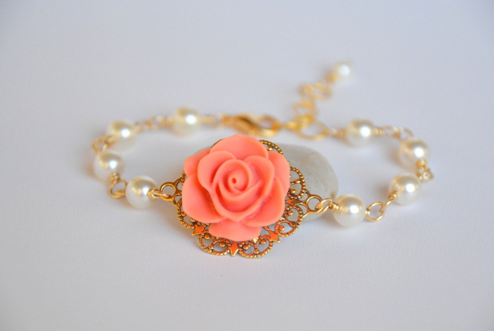 Coral Rose Bracelet with Ivory Swarovski Pearls in Gold.