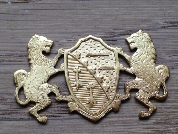 Large Raw Brass Gold Coat of Arms Lion Rampant family crest