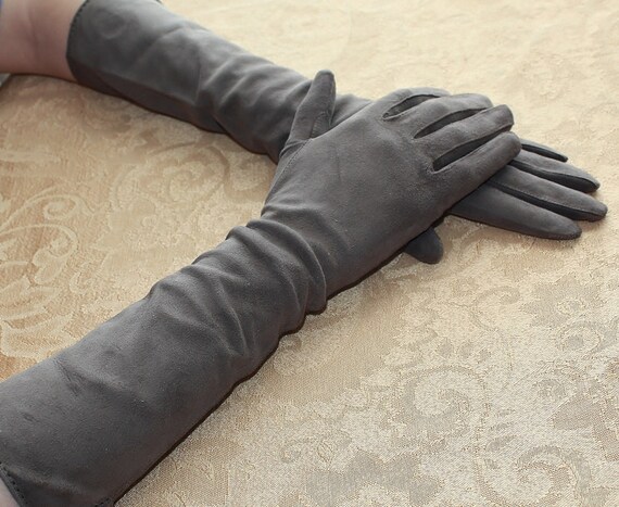 Vintage Long Grey Suede Kid Leather Opera Gloves Roger Fare