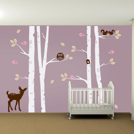 Kids Nursery Birch Tree Wall Decal Set Owl Deer Fawn Birds