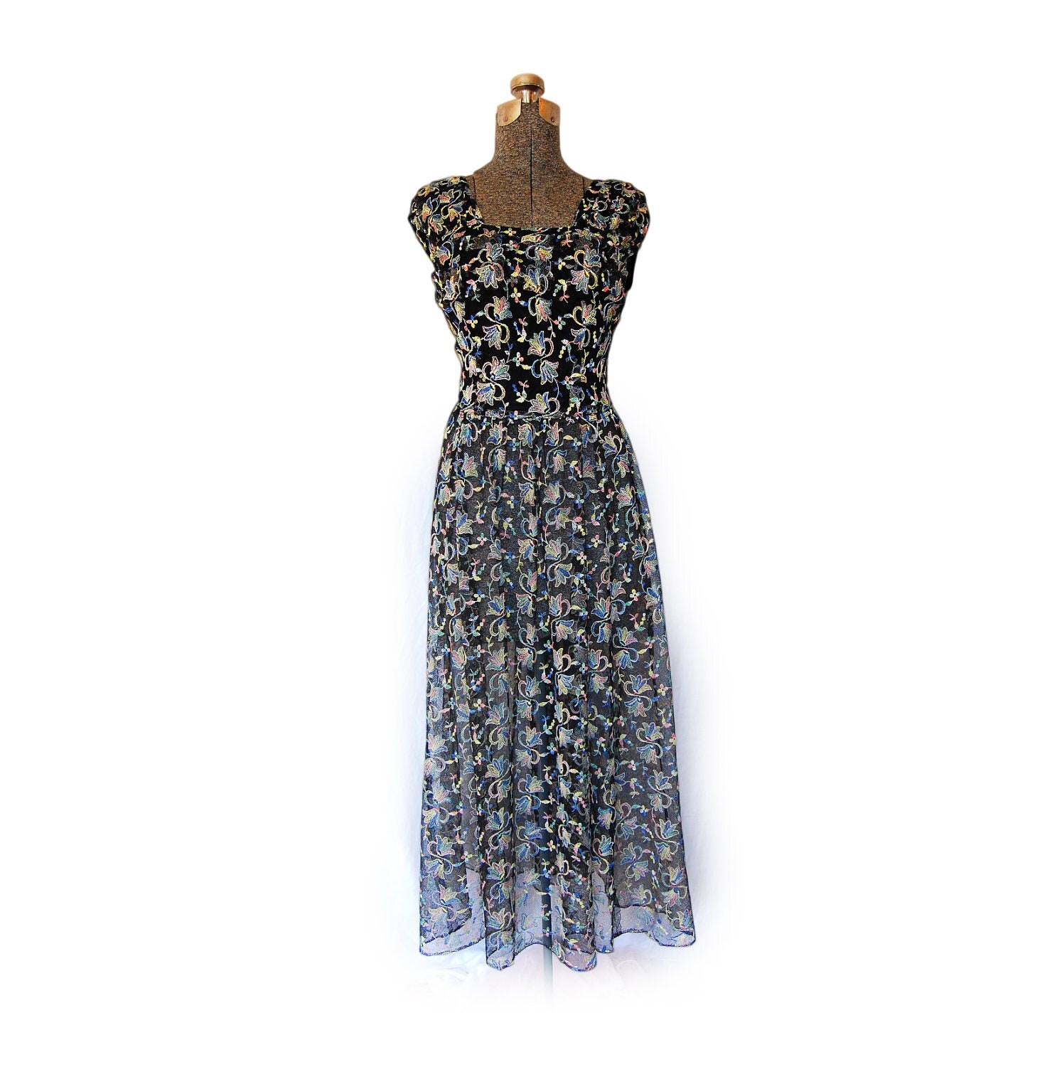 Vintage 1950s 50s Dress Sheer Embroidered by dejavintageboutique