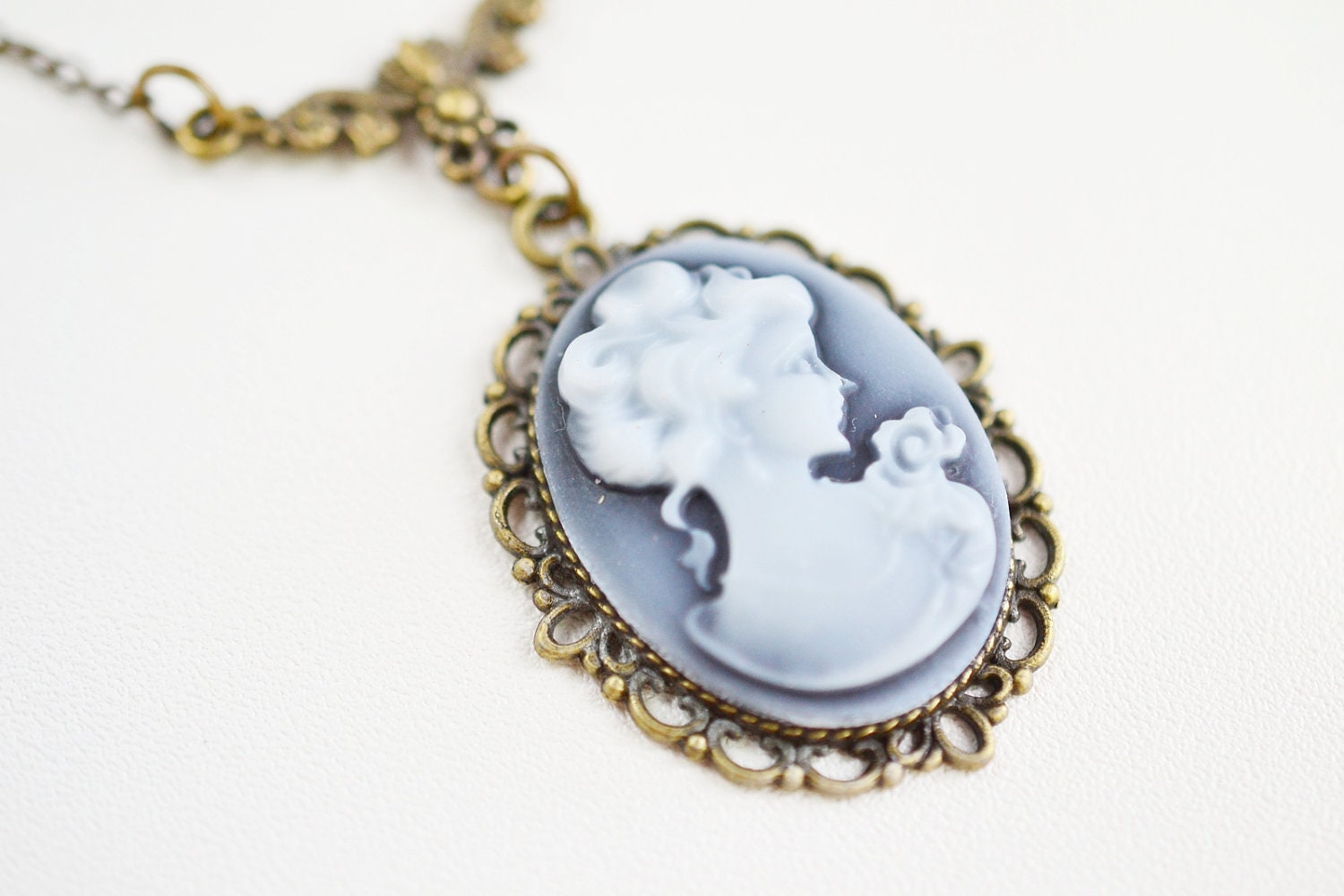 Vintage Cameo Lady Necklace Antique Brass Victorian Necklace