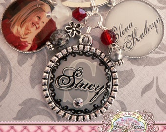 Mom Grandma Nana Triple Pendant KEY CHAIN (or Necklace), Photograph, Gray Black, Names Number, Children's Names, Mother, Gift, Mimi, Wedding