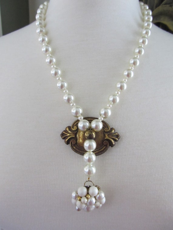 Vintage Necklace with Gold Hardware Plate and Pearl Drop. As