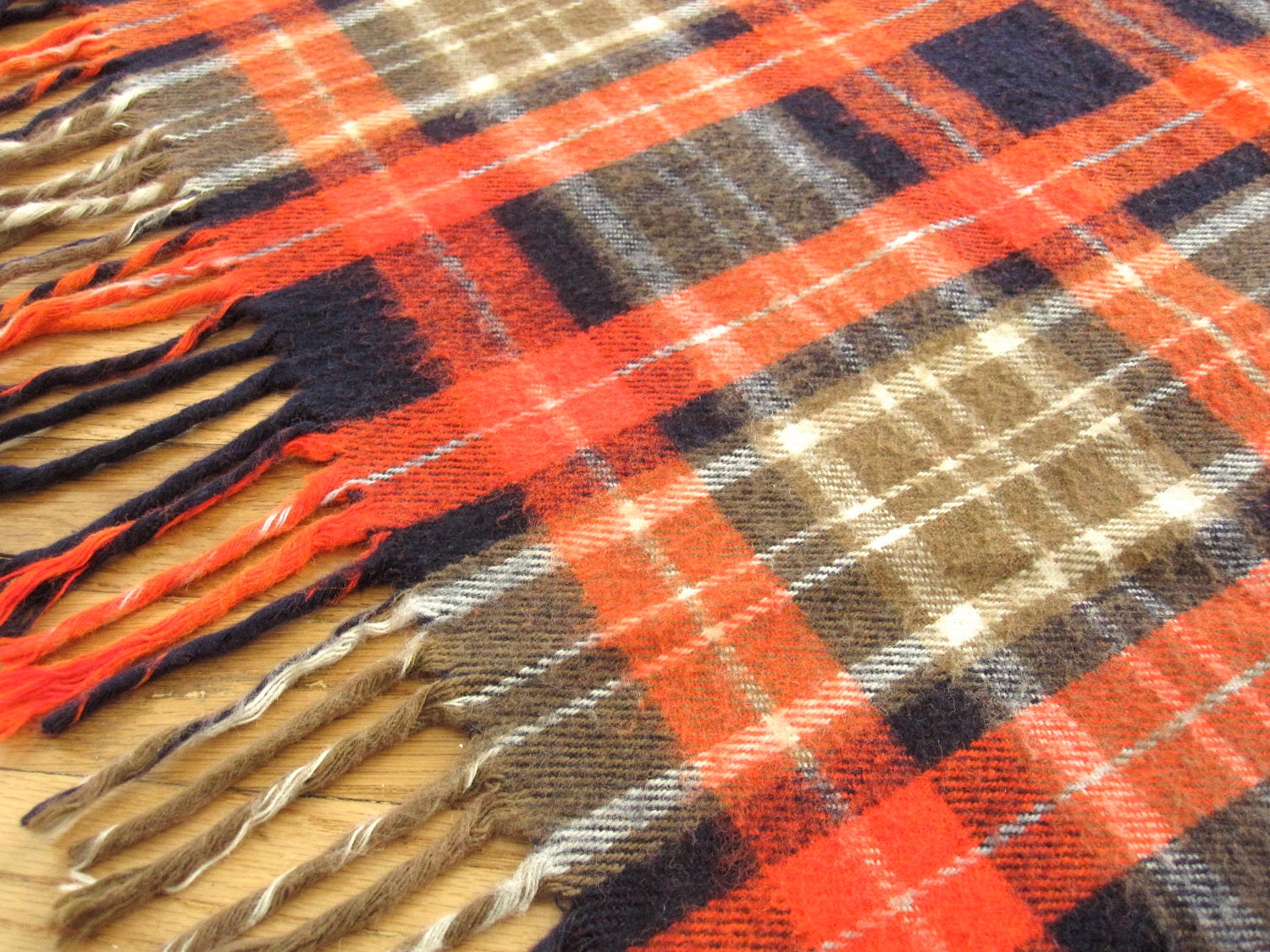 Red Orange Navy Blue and Beige Wool Plaid Blanket