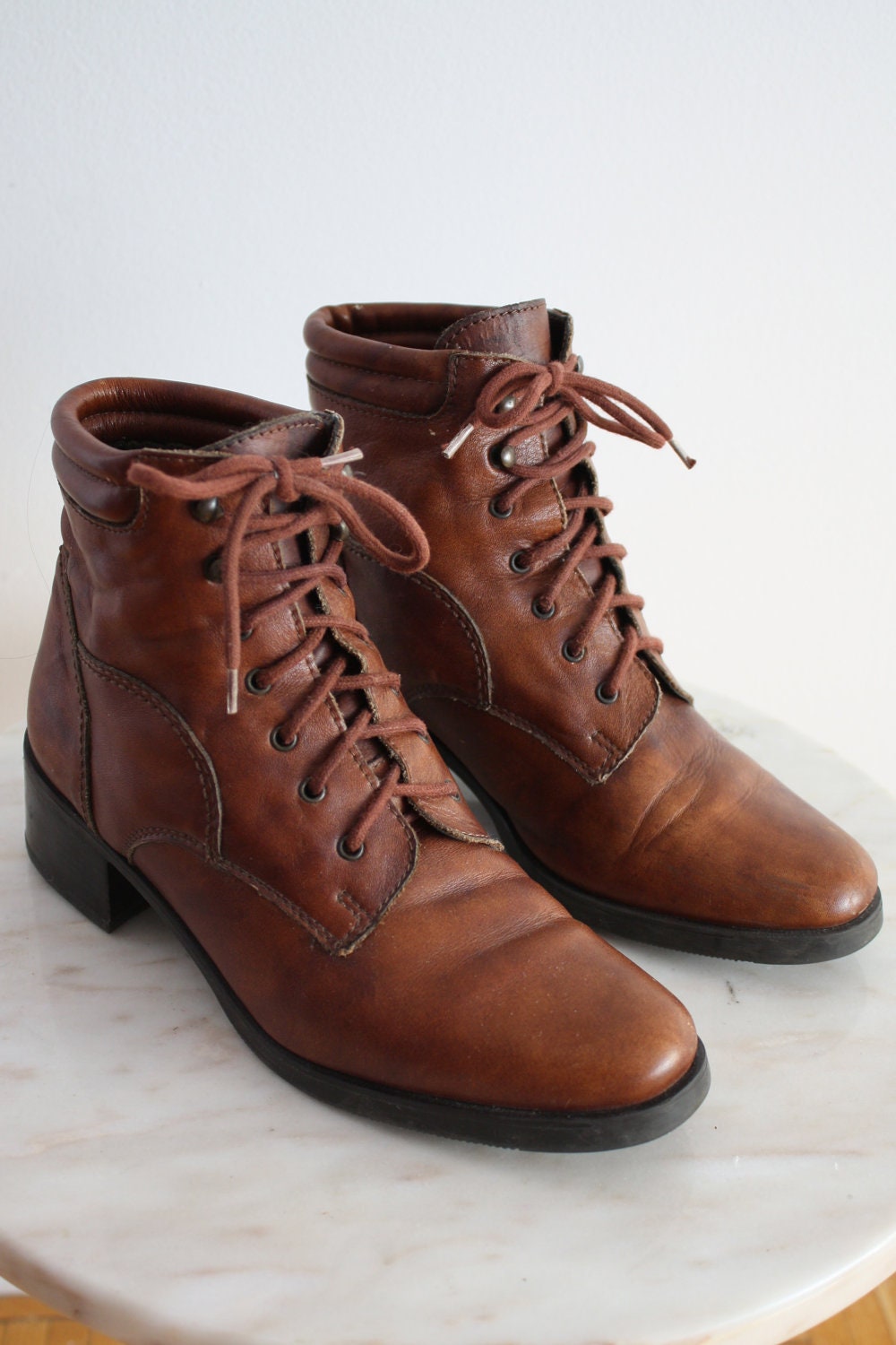 Lace Up Boots Ankle Leather Short Low Brown Booties