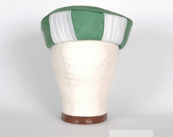 1950s Pillbox Hat Green and White Hat Spring Hat Green White Pillbox Vintage 50s Green Pillbox Sisal Hat