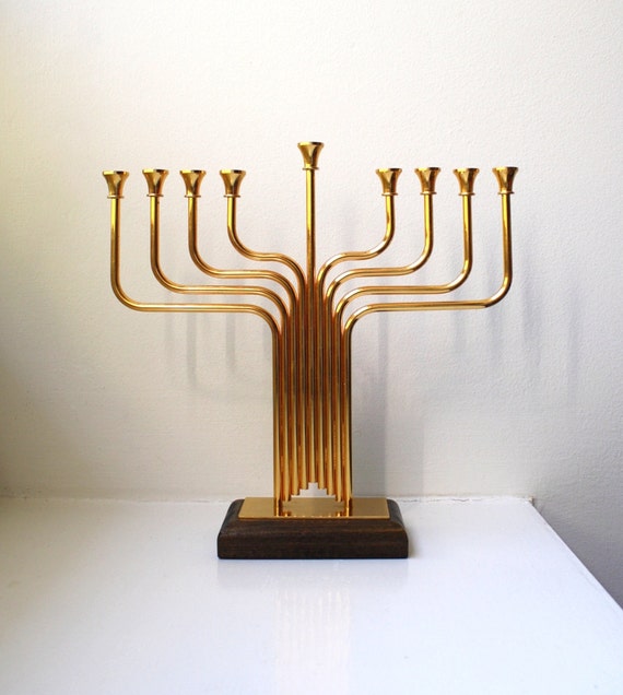 SALE Mid Century Modernist Menorah 24K Gold Plated Candle