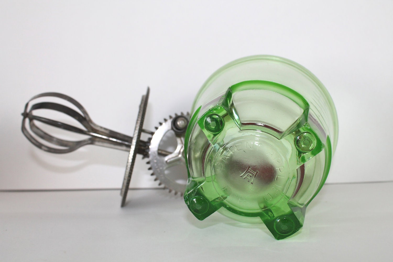 Vintage A&J Egg or Mayo Beater with Depression Green Glass