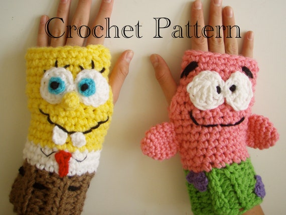 Sponge Bob & Patrick Fingerless Gloves Crochet PATTERN PDF