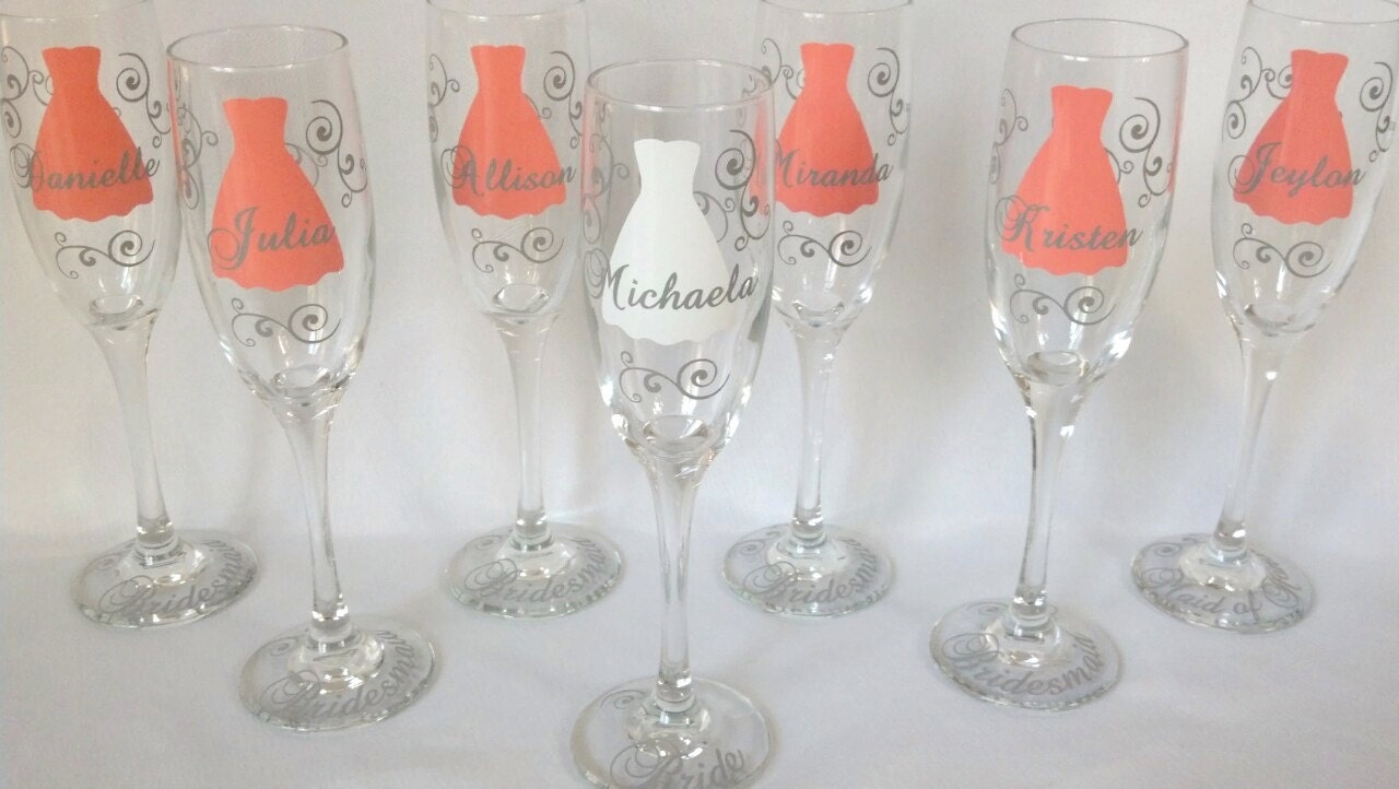 Bridesmaid dress champagne flutes glasses name over the dress