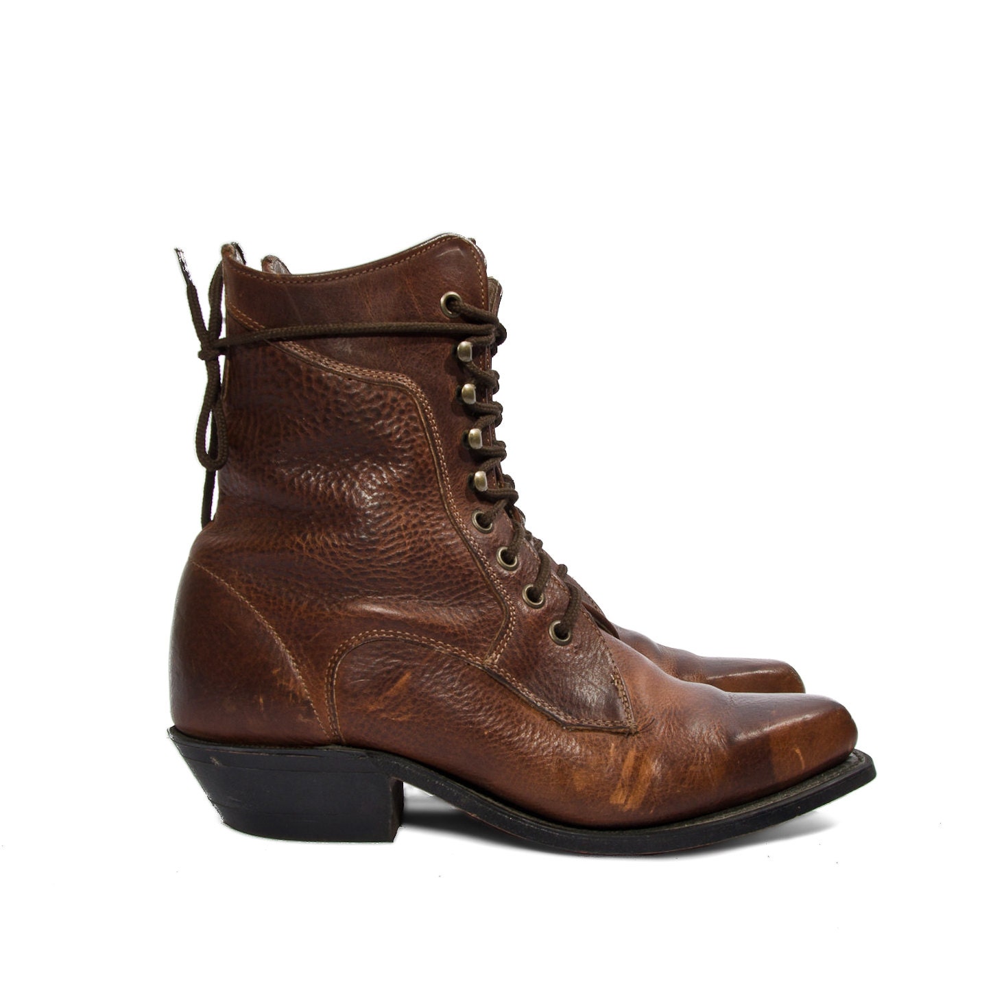 Brown Lace Up Ankle Boots Square Toe Western Grannies Women