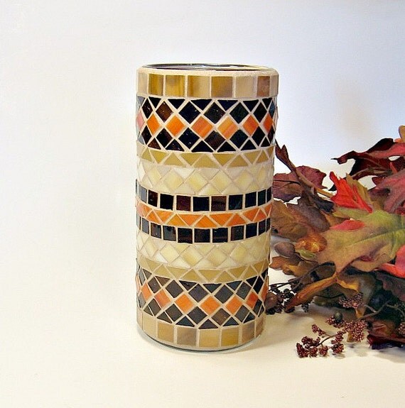 Stained glass mosaic vase or pillar candle holder brown orange