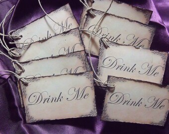 Alice in wonderland DrINk Me TAgS Set of 12 made to order