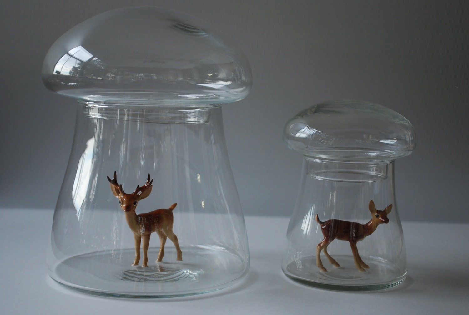 Pair of Clear Glass Mushroom Apothecary Jars Retro Alice