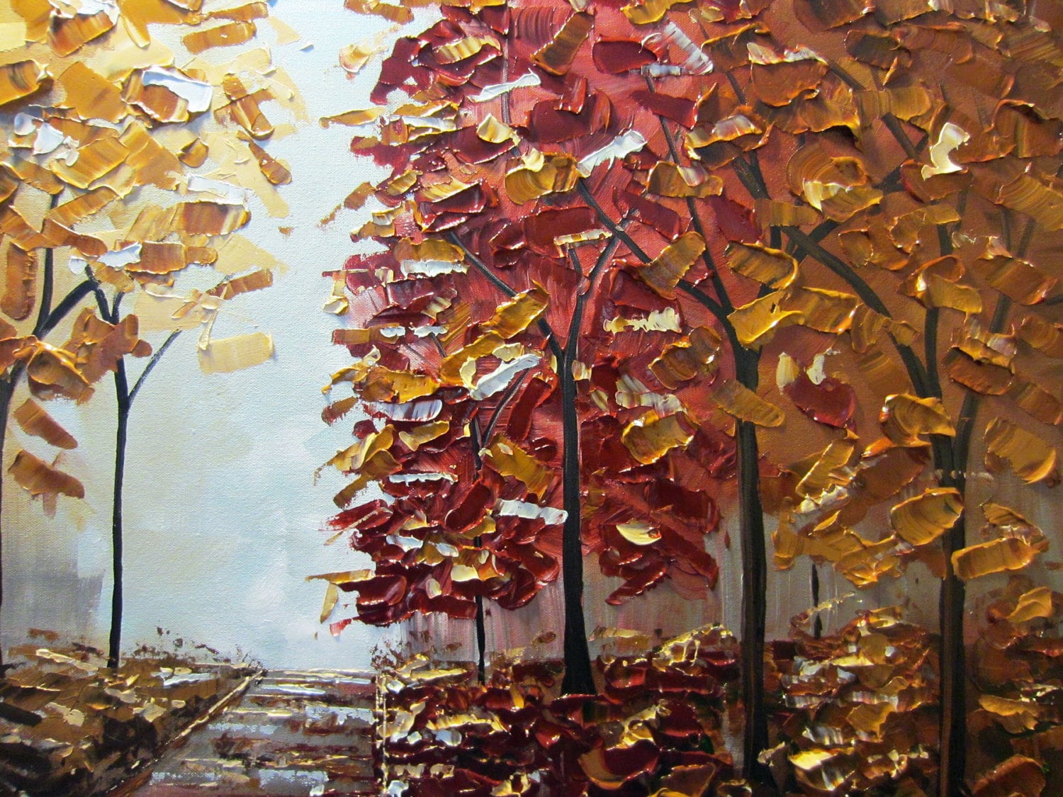 Original Palette Knife Painting Autumn Trees Textured Birch