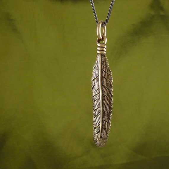 Feather Necklace Bronze Feather Pendant on 32 Gunmetal