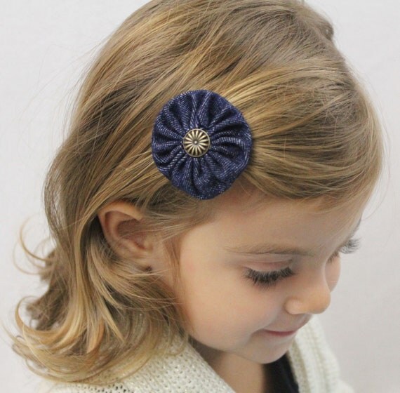 Dark Denim Flower Hair Bow Denim Hair Bow Dark by Flowercatcher