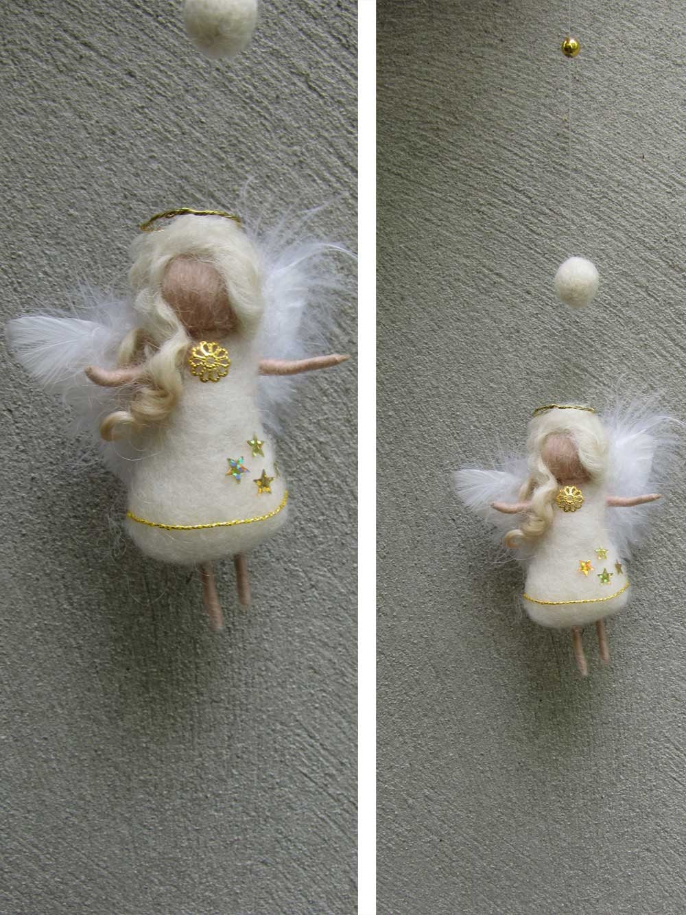 Needle Felted Wool angel in white and gold Waldorf