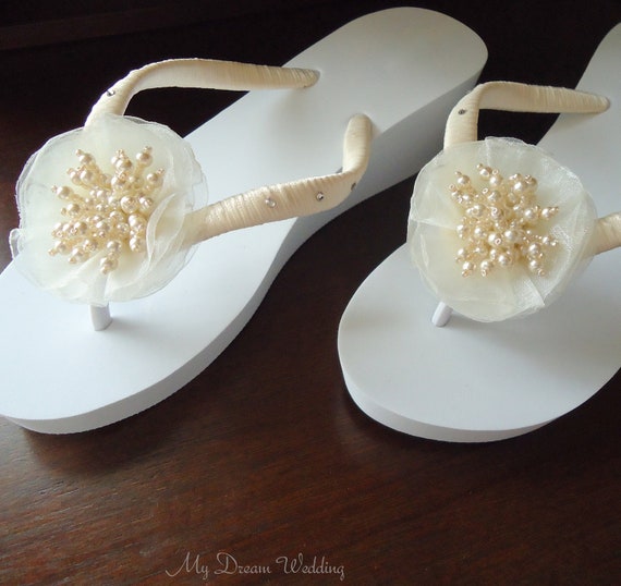 Ivory Wedges Flip Flops. Seed beads spray -Chiffon Flower flip flops ...