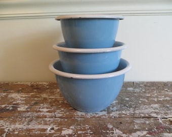 Graniteware Mixing Bowls Blue Enamel Stacking Bowls set of 3