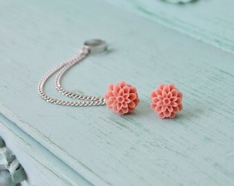 Dark Blush Mums Double Silver Chain Ear Cuff Earrings (Pair)