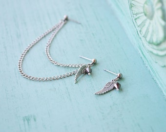 Silver Angel Wing and Bead Double Pierce Cartilage Earrings (Pair)