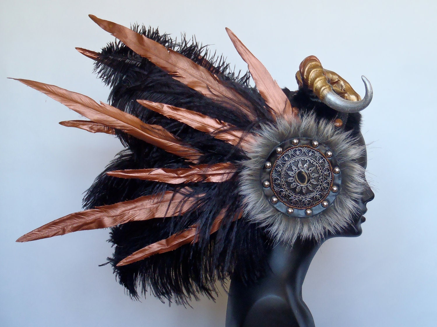 MADE TO ORDER Faux Feather & Horn Headpiece