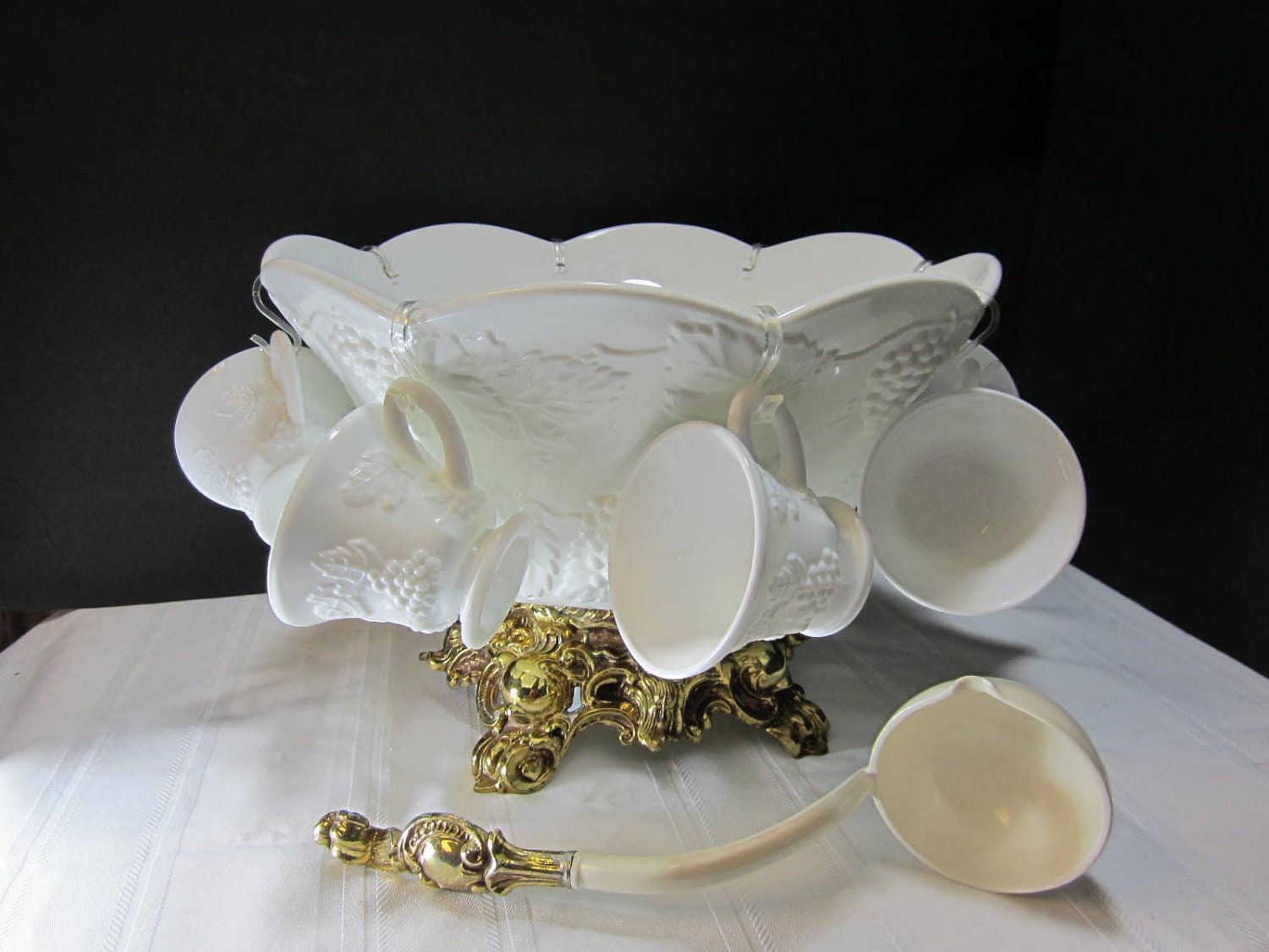 30 Piece White Milk Glass Punch Bowl Set