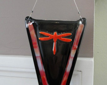 Pocket Vase, Dichroic Fused Glass Wall Vase, Flower Holder - Red, Copper and Black Floral Vase, Dragonfly Wall Art, Gifts Under 30 Dollars