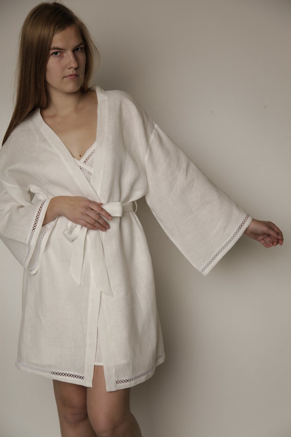 Linen Short Bath Robe/ Night Gown With Laces at Sleeves and