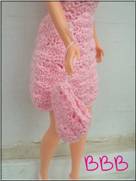 Crochet Barbie Clothes Pink Spaghetti Strap Dress Shell 4931