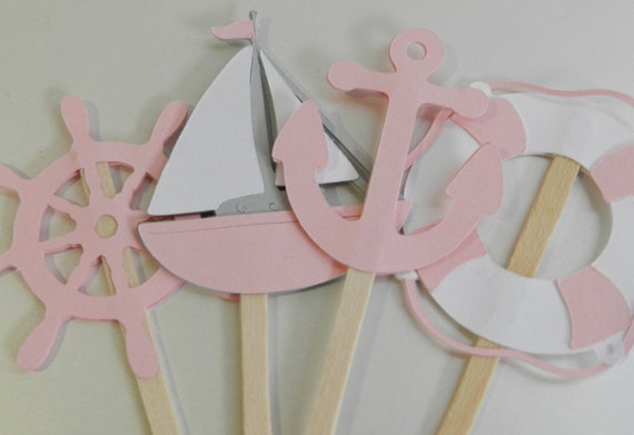 PASTEL PINK Nautical Cupcake Toppers Boat, Anchor, Helm, Life Preserver Il_570xn