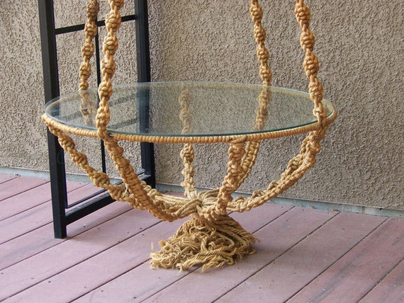 Hippie macrame table hanging plant stand with glass top over 8