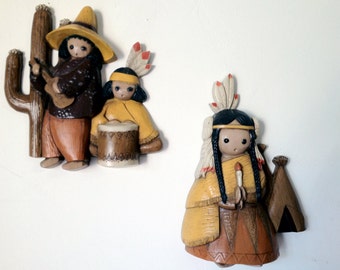 Set of 2 Vintage 60s 1960s Indian Native American Kitch Wall Decor Big Eye Eyed Kids Children Ted DeGrazia Style Kitchen Home Decor 70 1970s